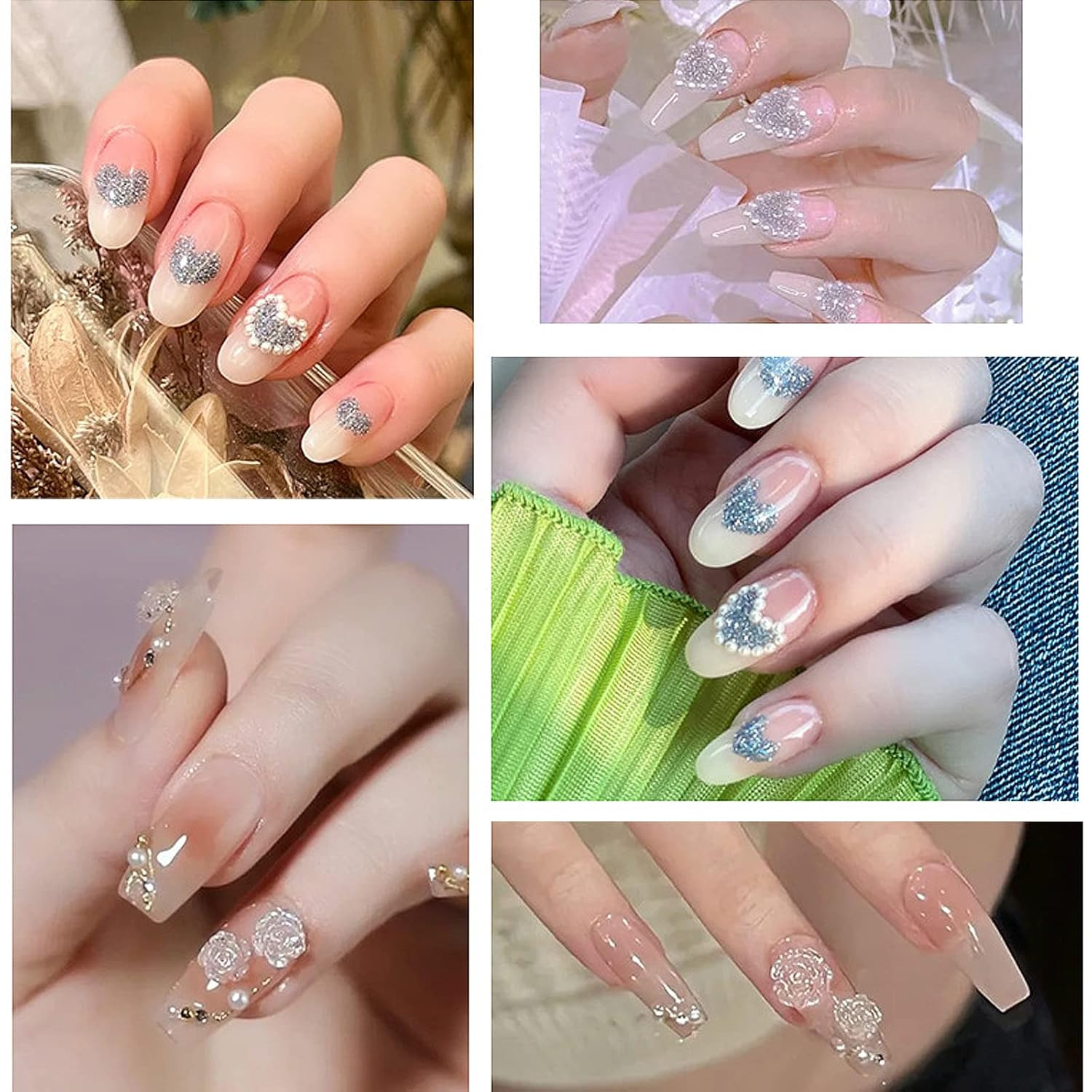 500 Pcs Assorted Pearls 3D Nail Charms Pink Color Multi Shapes Heart Flower Nail