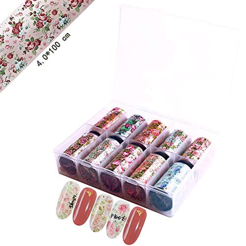 10 Rolls Starry Sky Nail Art Foil Sticker Colorful Flower Rose Nail Transfer