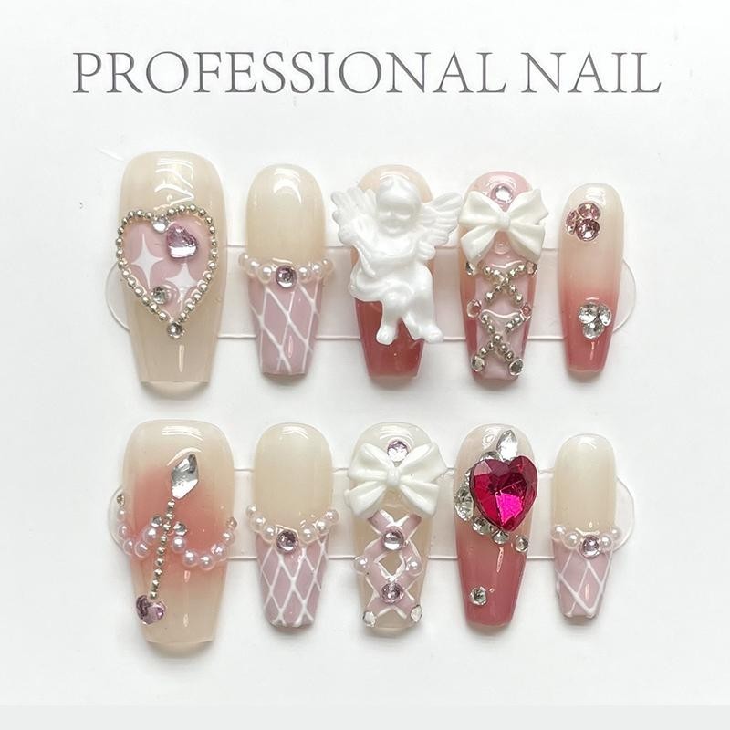 Handmade Colorful Full Stone Press On Nails Short Square Shimmery False Nails