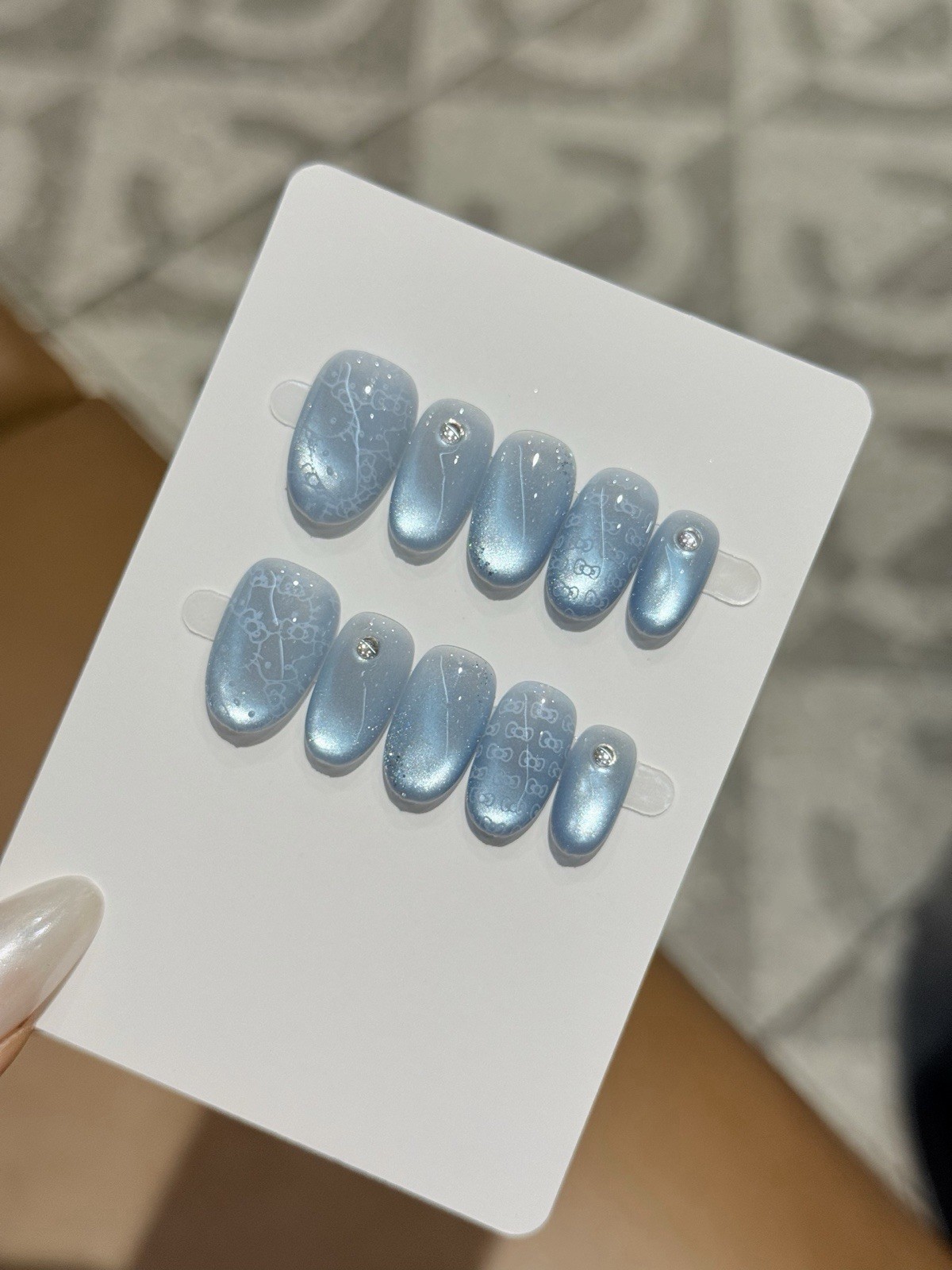 Lume K03, Hello Kitty Press On Nails, Blue Oval Fake Nails, Reusable Handmade