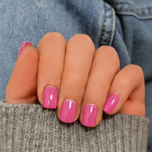 Hot Pink Press On Nails – Short Square – 30 Pcs Sturdy Reusable Fake Hot Pink