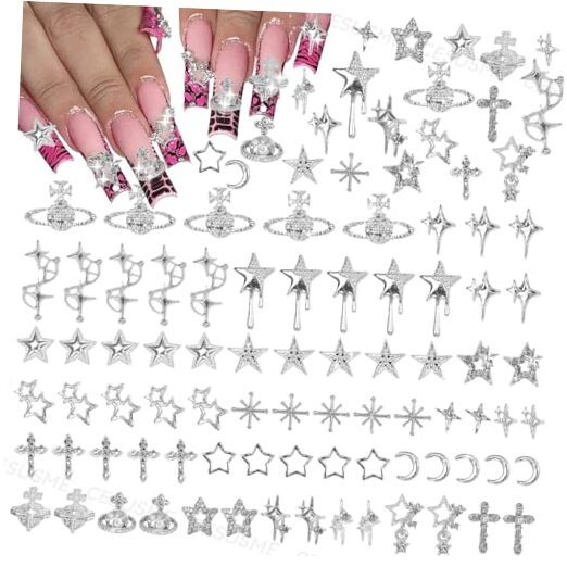 130 Pcs 3D Silver Star Cross Alloy Nail Charms, 21 Styles Y2K Metal S1-silver