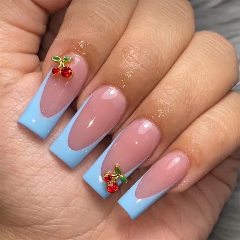 24Pcs Summer Press on Nails Medium Square Fake Nails with 3D Gold Alloy Cherr…