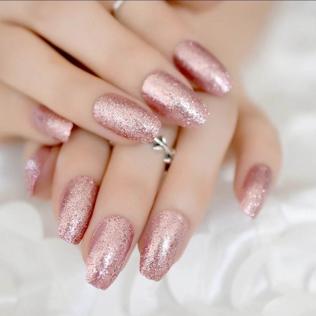 24 Pink Rose Gold Glitter Press on nails kit w/ glue Medium Coffin sparkle