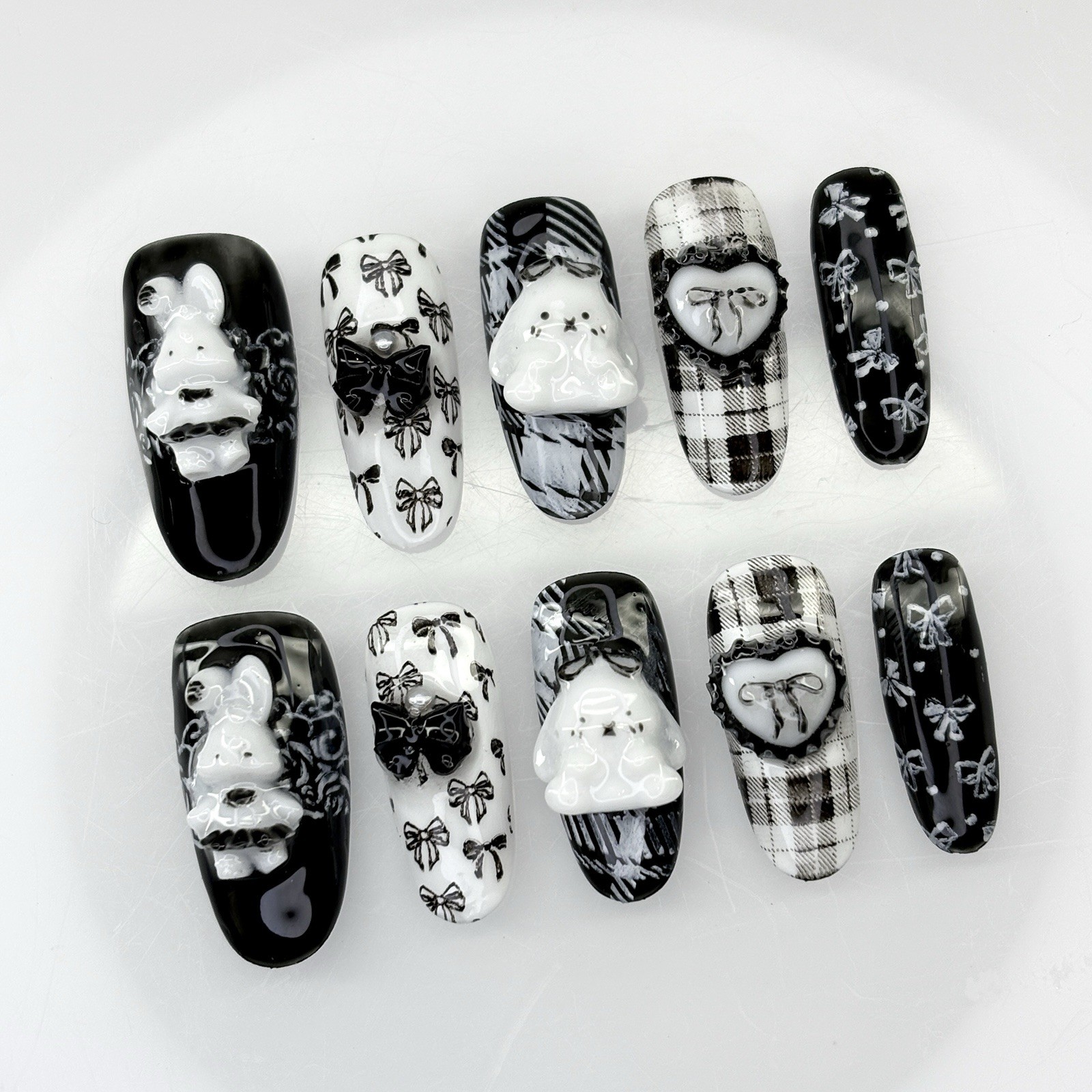 Goth Grunge Black Press On Nails Handmade 3D White Bunny Houndstooth Nail Art
