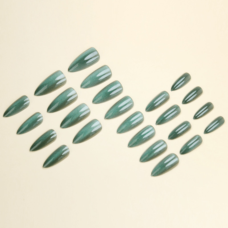 48Pcs-Long Almond Vibrant Teal Green Cat Eye Magnetic Gloss Press on Nails Set