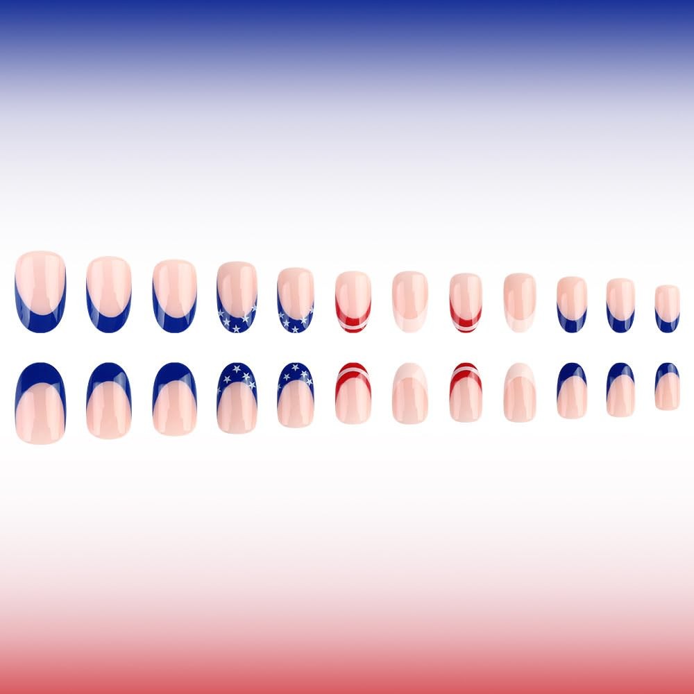 24 Pcs Independence Day Press on Nails Short Almond Fake Nails with Star Desi…