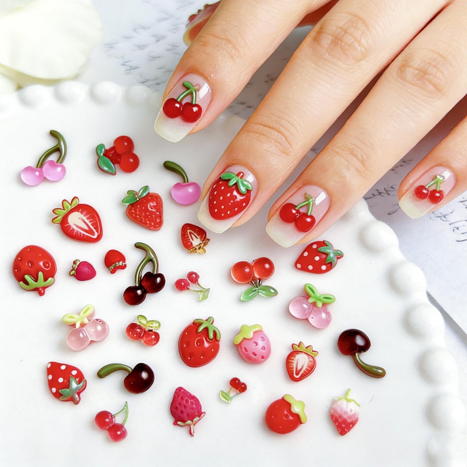 Tephrent 150pcs Strawberry Cherry Nail Charms