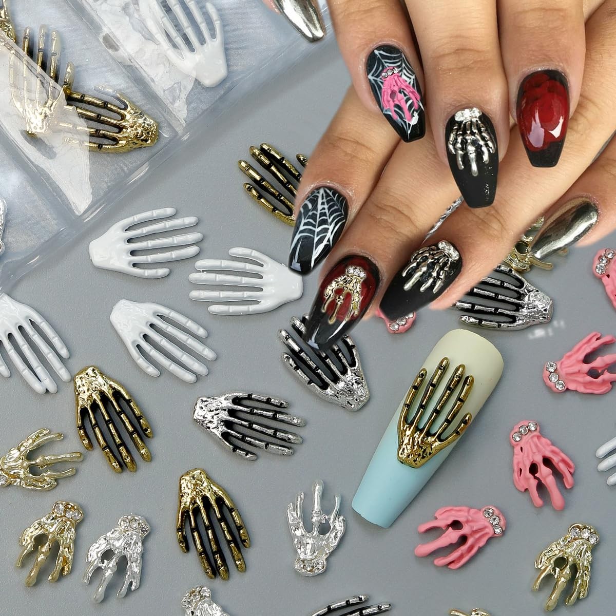 18Pcs Halloween Hand Skeleton Nail Charms 3D Gold Silver Red Skull Alloy Nail…