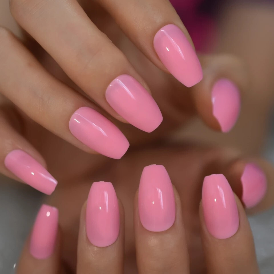 24 Medium Press on nails kit w glue bright pink coffin barbie