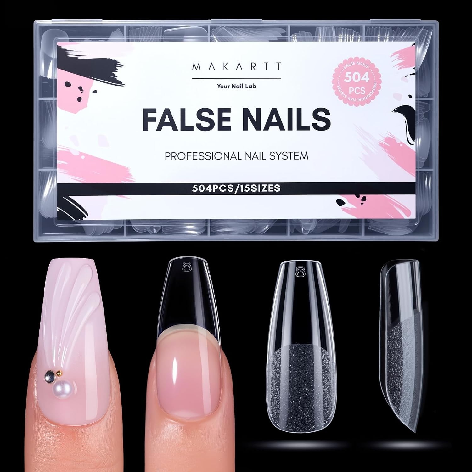 15 Sizes Medium Coffin Clear Nail Tips – Durable Half Matte Design, 504 PCS