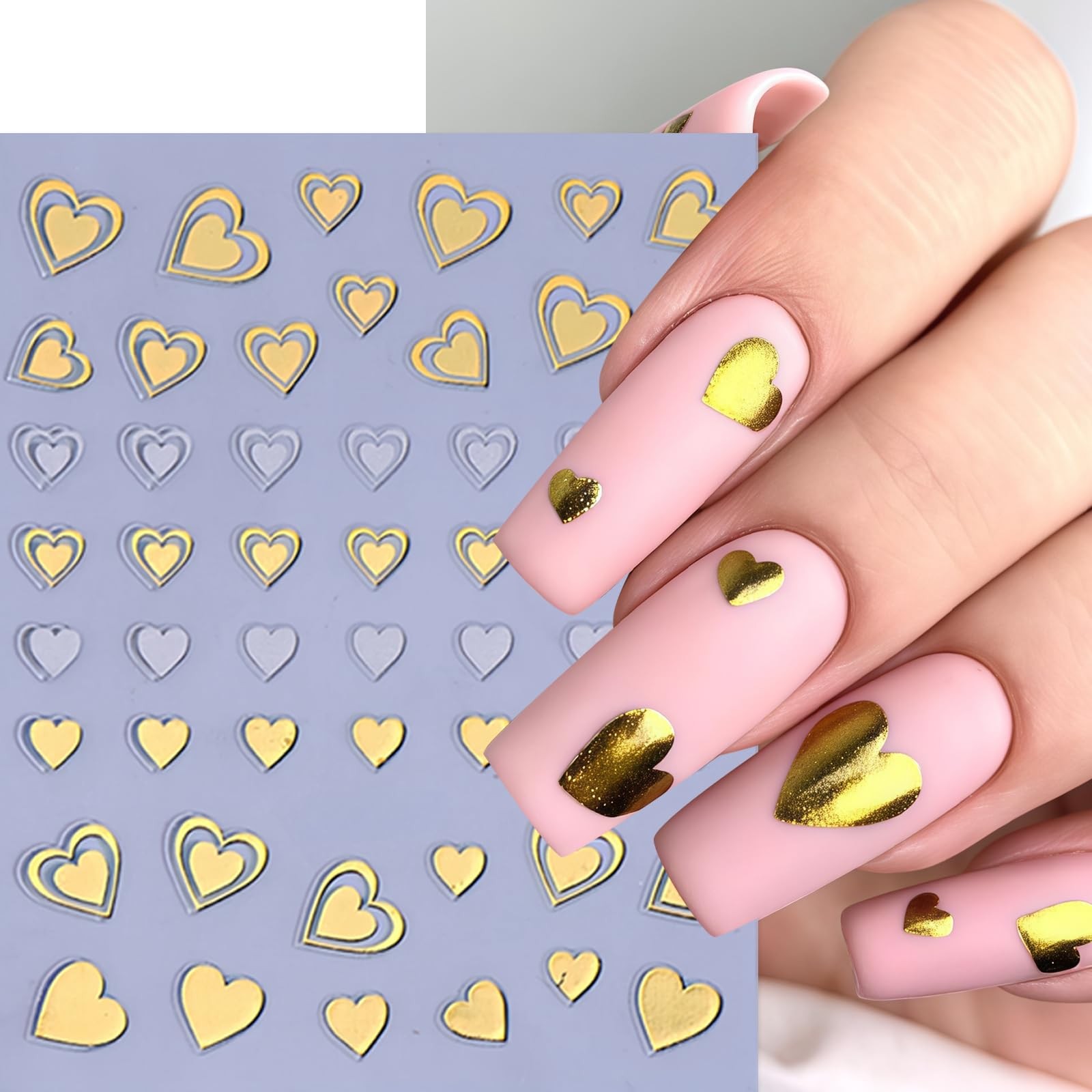 8Sheets Valentines Day Heart Nail Art Stickers Metallic Heart Nail Decals Min…