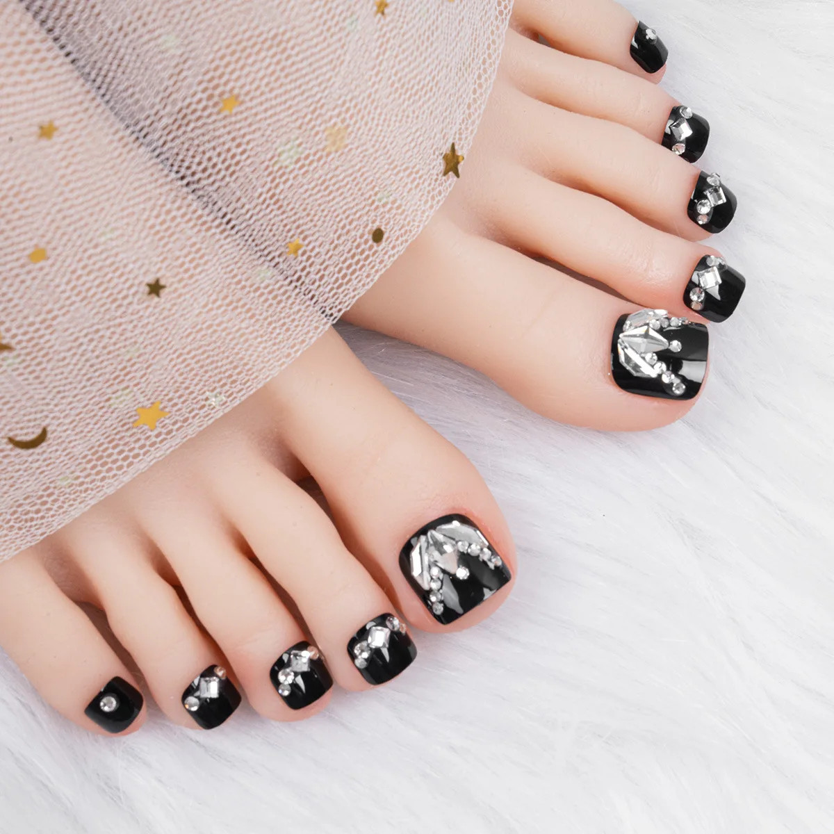 24pcs Glitter Crystal False Toenails Rhinestone Full Cover Fake Toe Nails