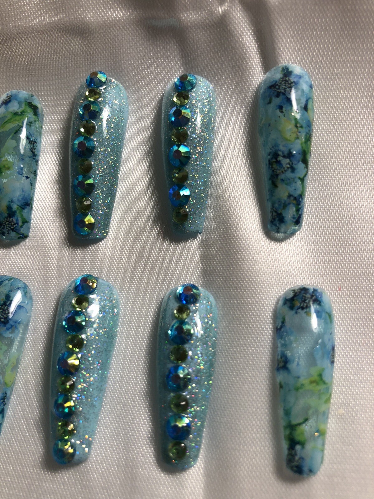 Z NAILZ! Gorgeous Set Of Handmade Custom Floral Blue Coffin Press On Nails
