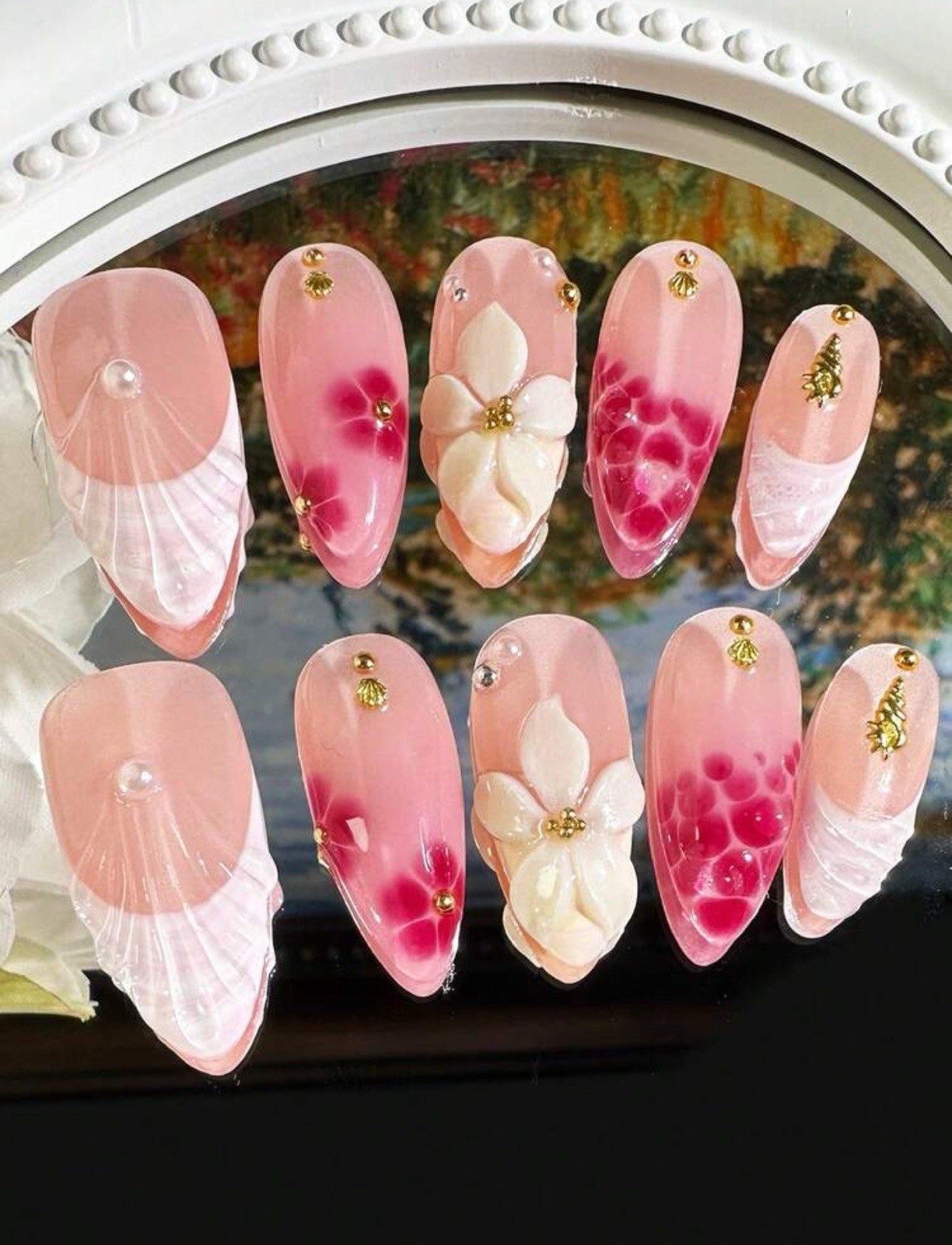 10pcs/Set Handmade Delicate French Floral Nail Art Nails
