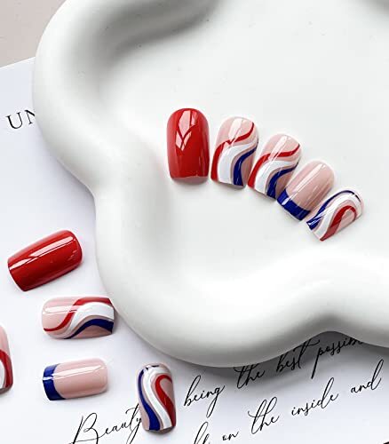 4th of July Press on Nails Extra Short Square French Tip Fake ID Nails Style7
