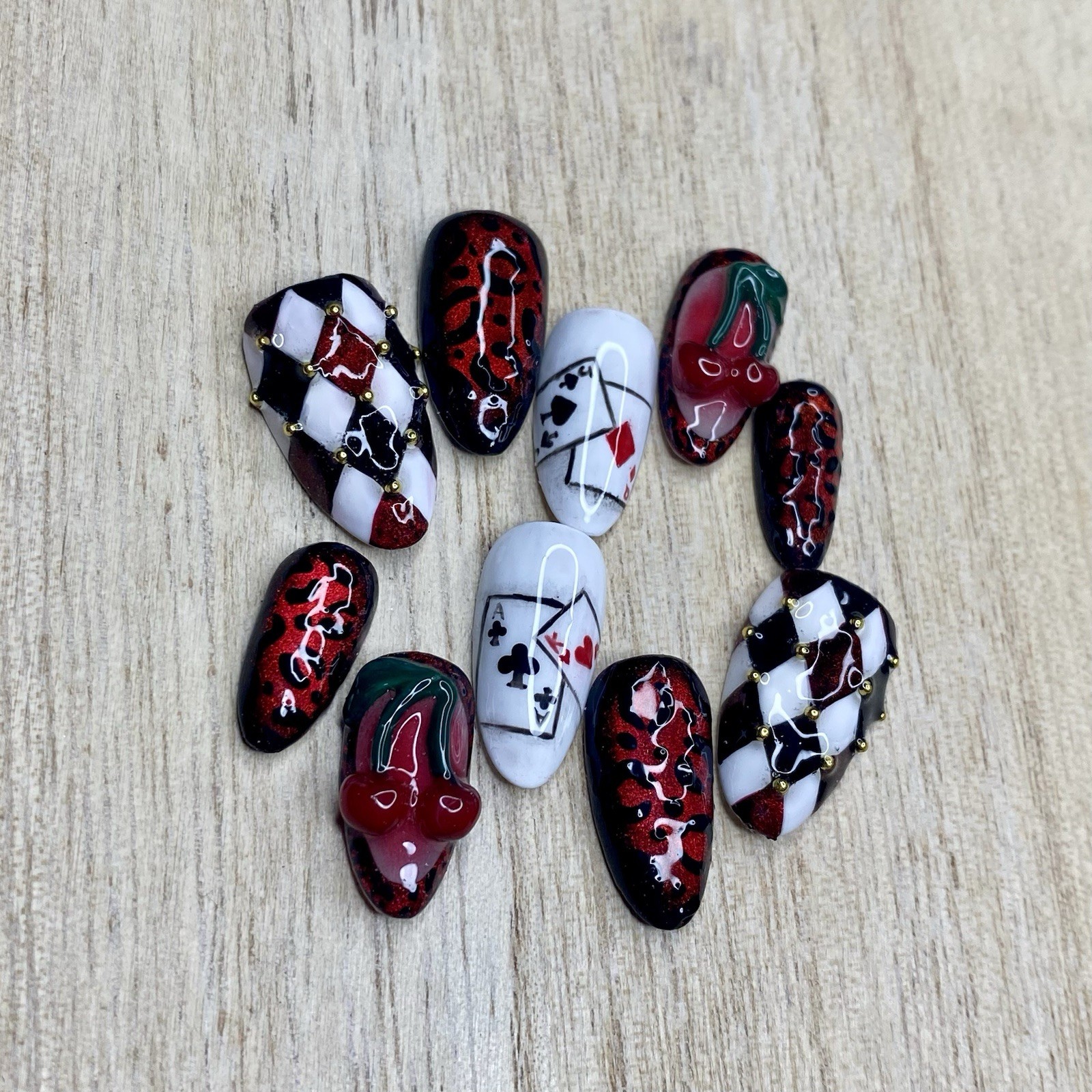 Red Black White Cherry 3D Press-On Nails | Acrylic Full Cover Long Almond