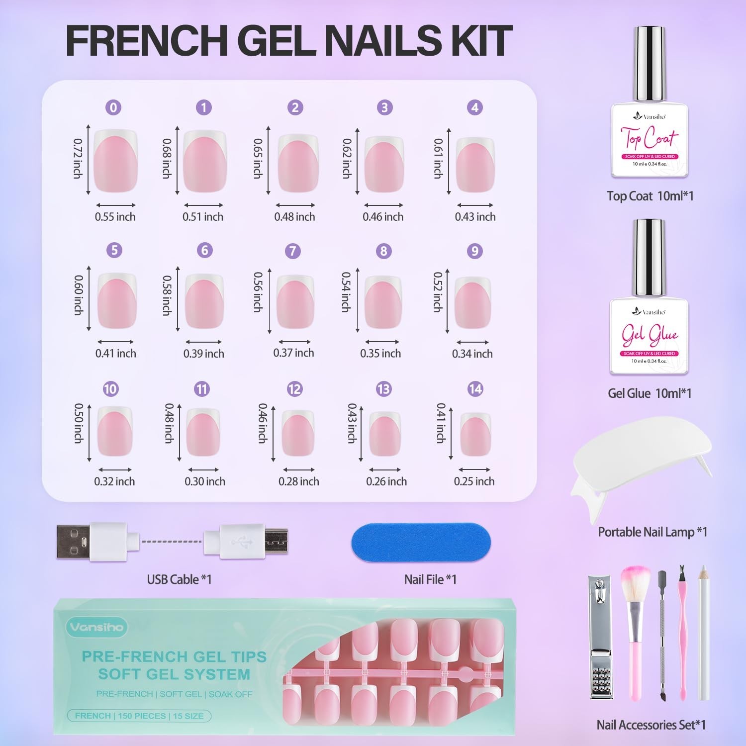 150pcs French Tip Press-On Nails Kit | Short Square Gel Fake Nails, 15 Sizes, DI