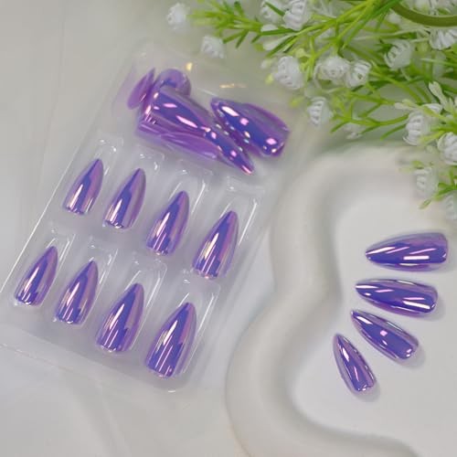 Almond Press on Nails Medium Fake Nails with Glossy Nails Chrome Aurora Designs