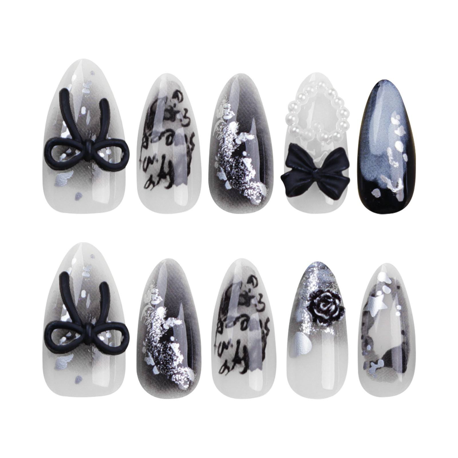 24pcs 3D Black Gray Punk Press On Nails with Letter Print, Medium Almond Shape