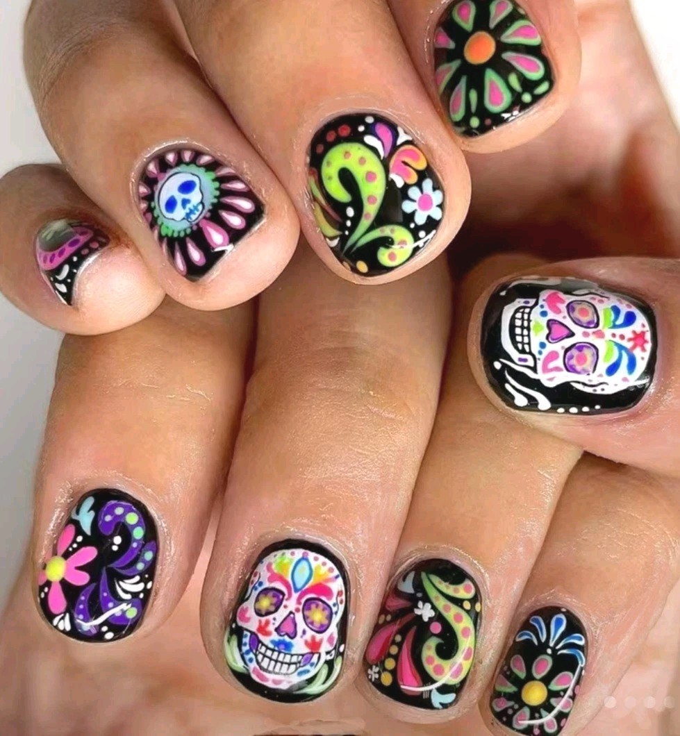 Sugar Skull Press On Nails Multicolor Black Pink Yellow Blue Nail Set Press On
