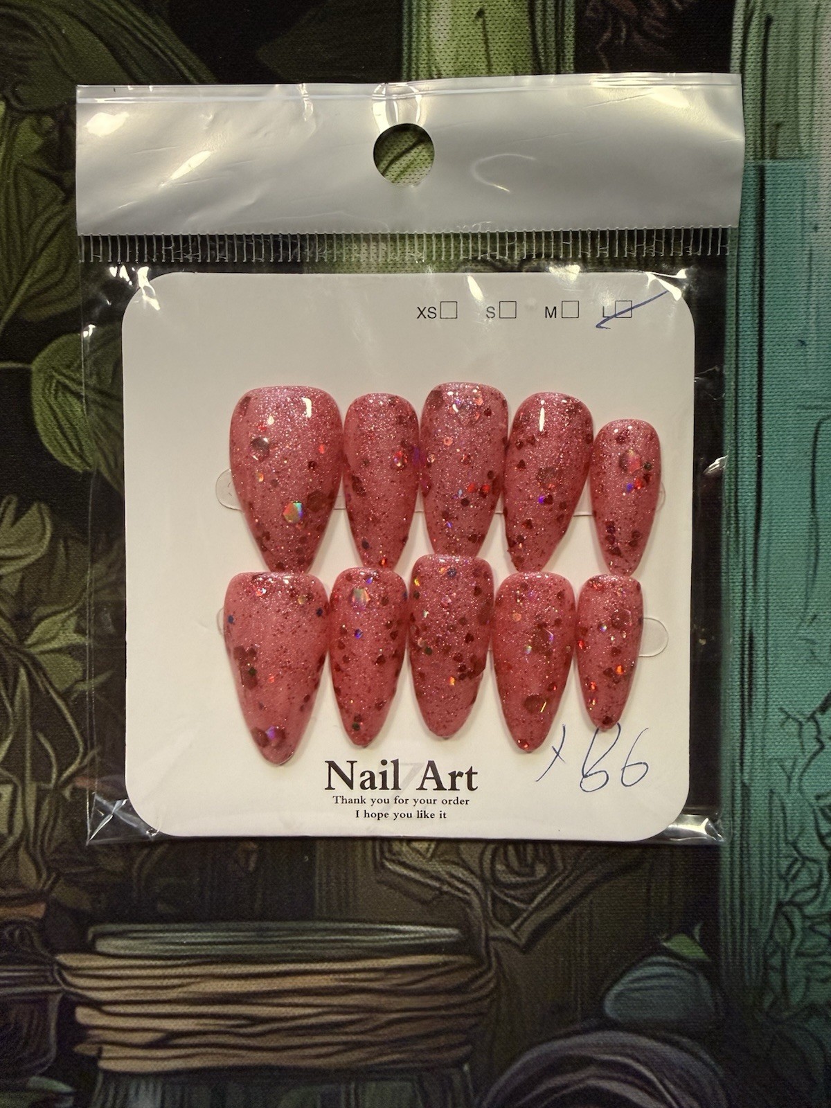 Large Nail Size Press On Nails Soft pink Glitter CatEye Long Length Almond Shape