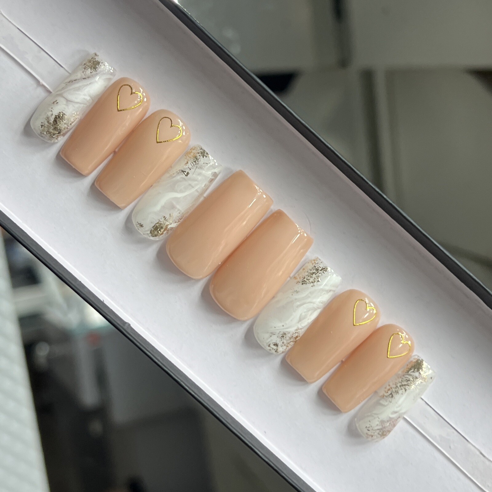 💕 CUSTOM Gel Press On Nails, MARBLE Nude HEART W BLING 10p FULL SET W Kit