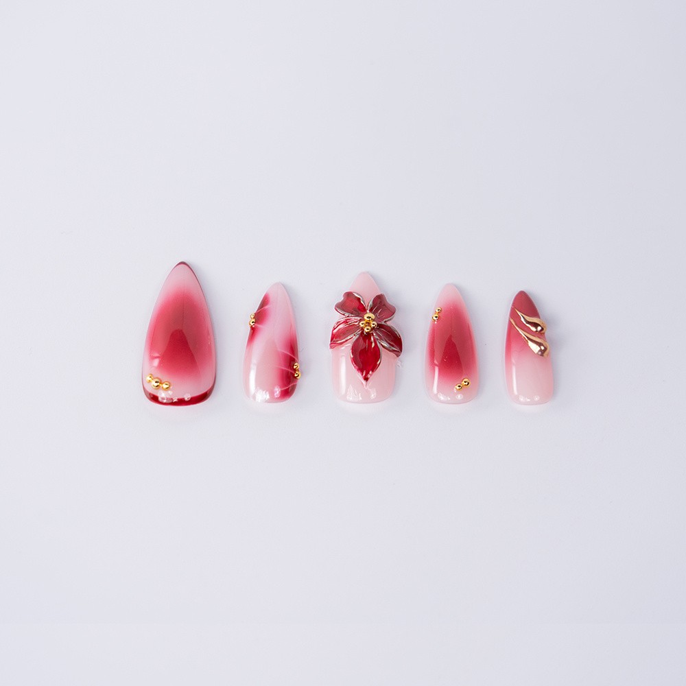 Handmade High Quality Almond Press On Nails Pink Red Gradient Fake Nails S-L