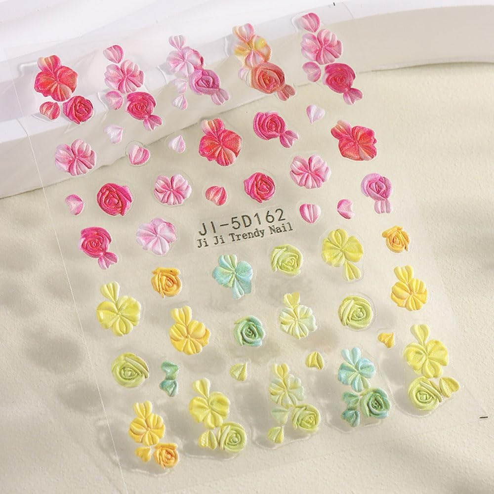 5D Embossed Flower Nail Stickers for Women Manicure Decor, 5D Acrylic Carved Flo