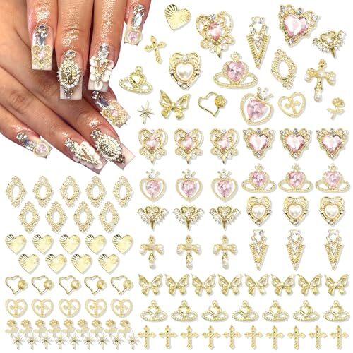 122PCS Gold Nail Charms Pink Rhinestone Heart Charms for Nails Art Luxury