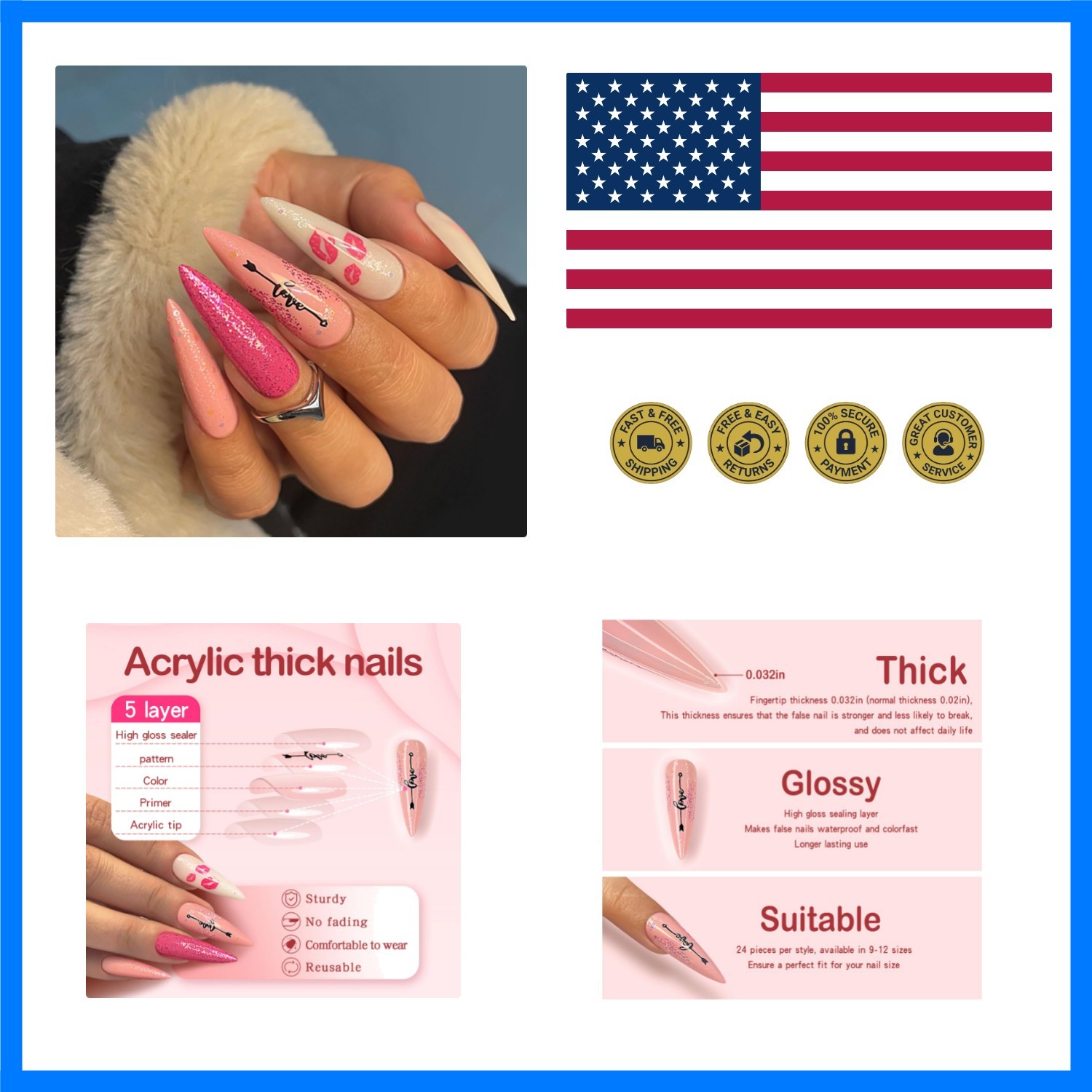 Pink Stiletto Press on Nails Extra Long Fake Nails With Designs Valentines Da…
