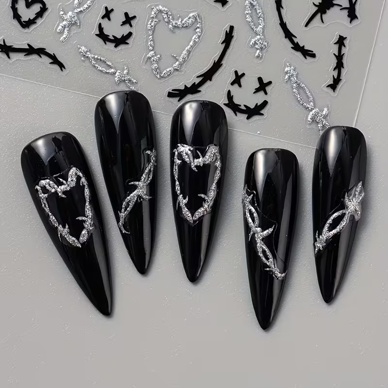 Black Heart & Thorn Nail Art Stickers Gothic Silvery Pattern Self-Adhesive