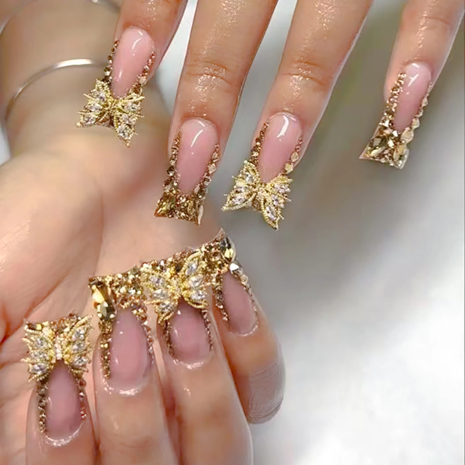 Pink Leopard Duckbill Press On Nails Sweet French Full Cover False Nails