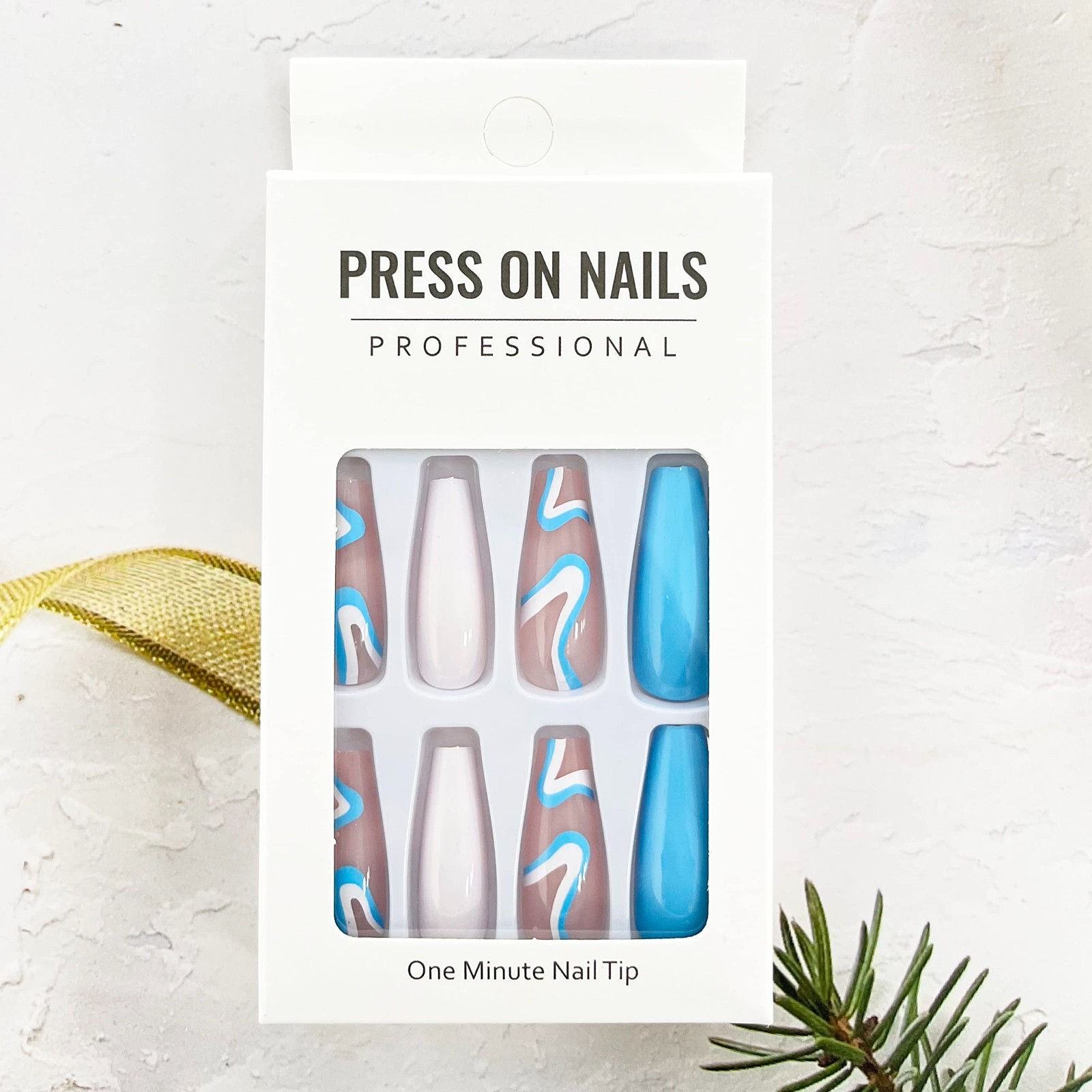 Y2K Blue Swirl White Contrast Long Coffin Press On Nails