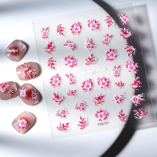 Pink Flowers Nail Art Stickers 5D Embossed Self Adhesive Nail Decals Spring