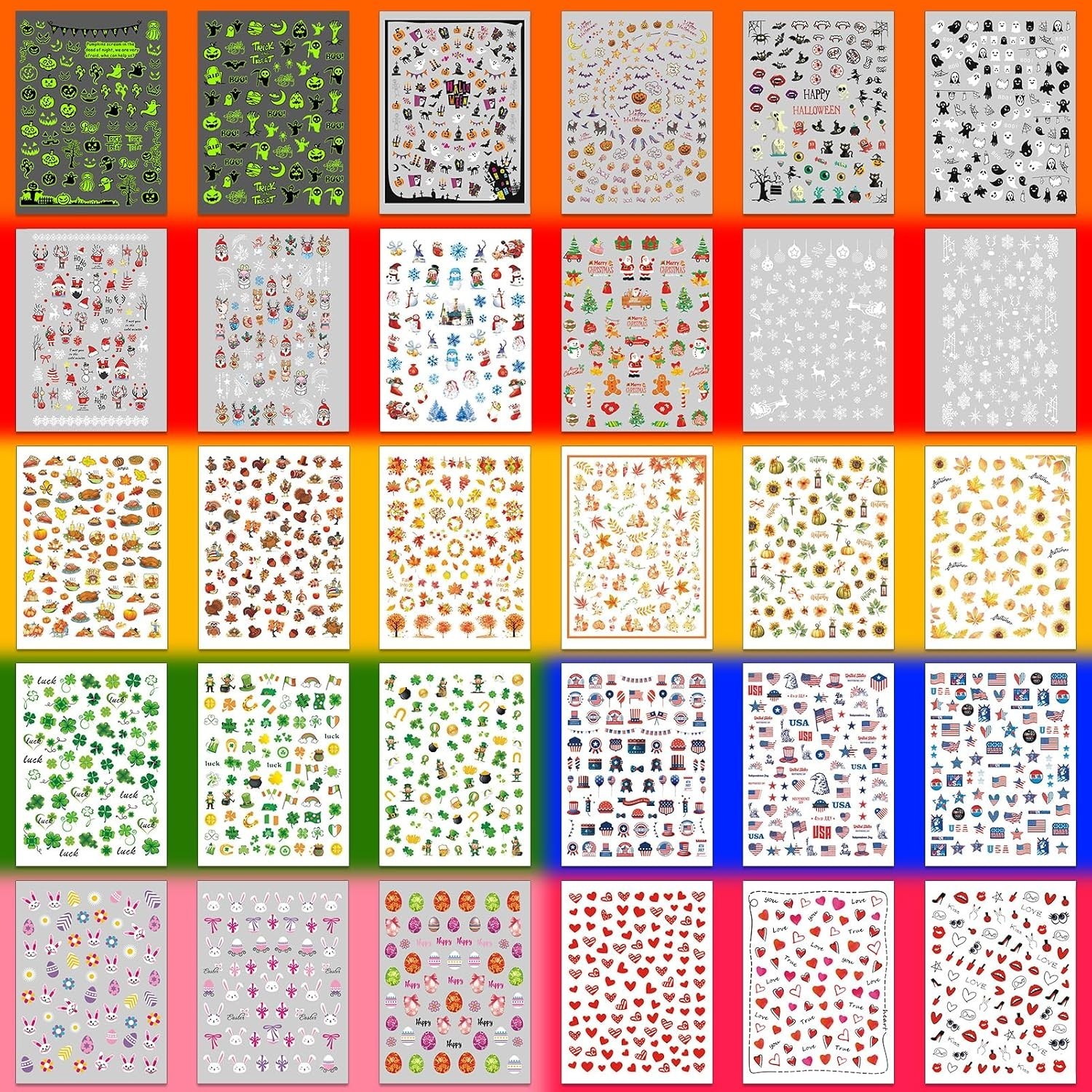 30 Sheets 7 Holiday Nail Art Stickers, Mixed Season Nail Decals Set for All ,…