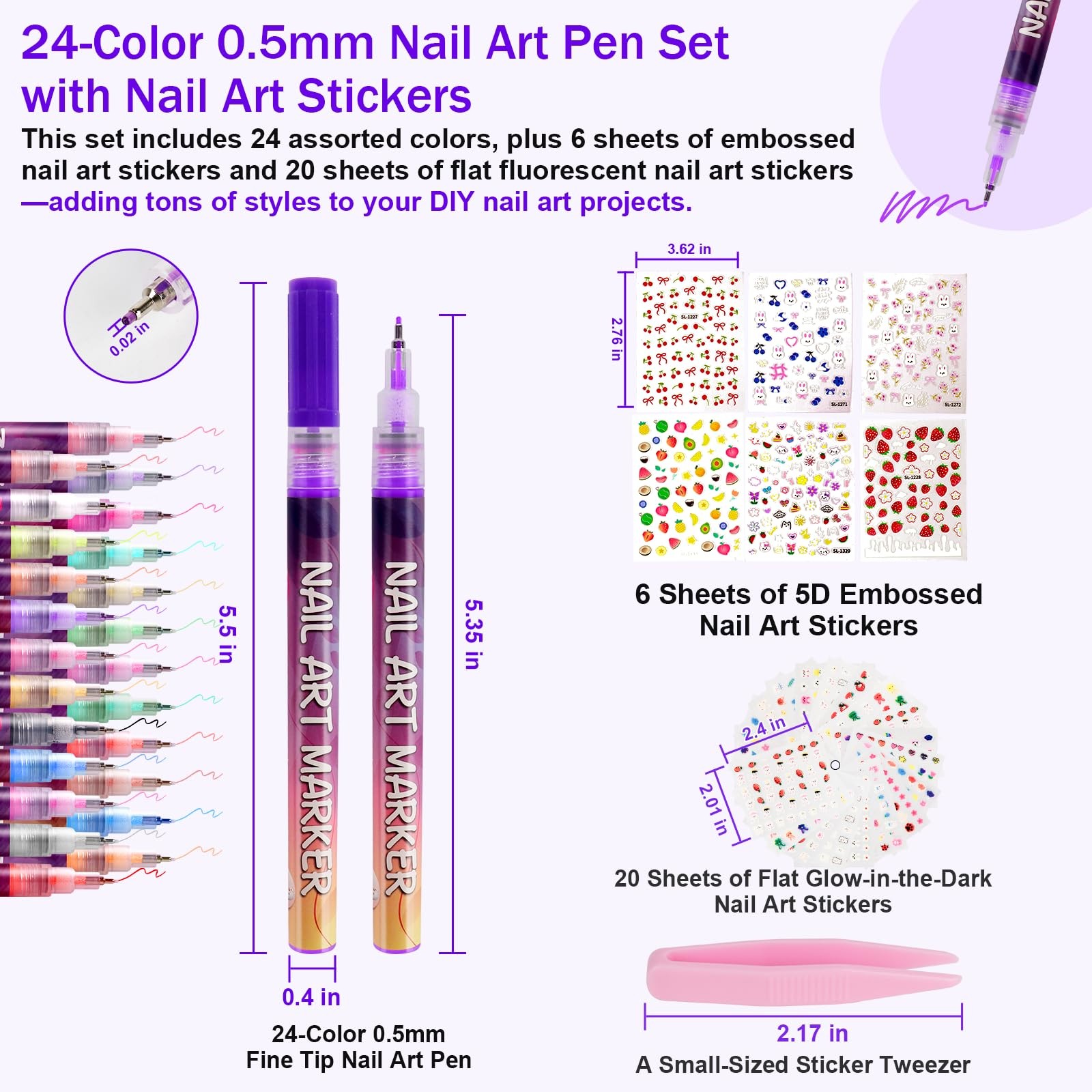 24 Color 0.5mm Fine Tip Nail Art Pen Set – Non-Toxic, Quick-Drying Nail Art M…