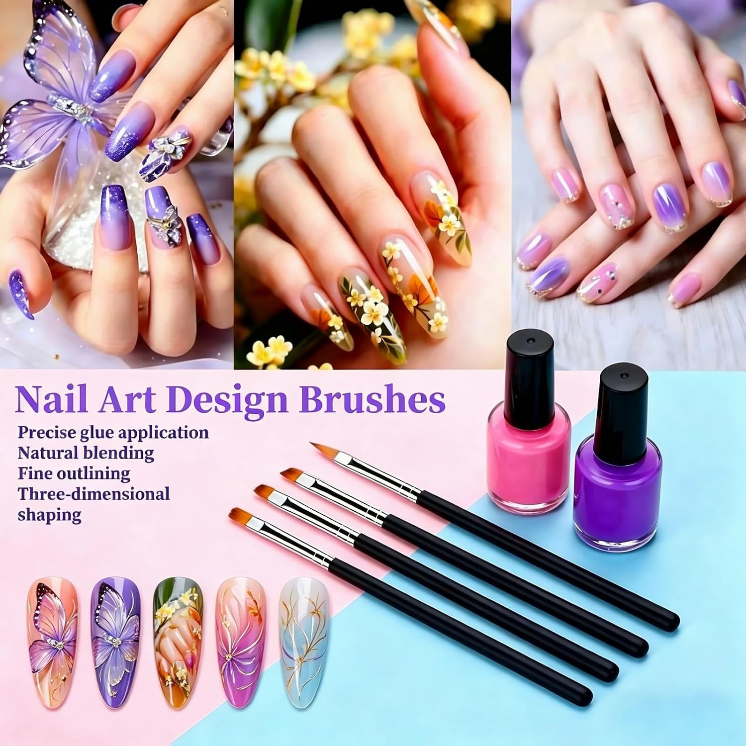 9Pcs Nail Art Brushes Set, 5 Art Liners & 4 Multi Shape Gel Builder Brushes | Si