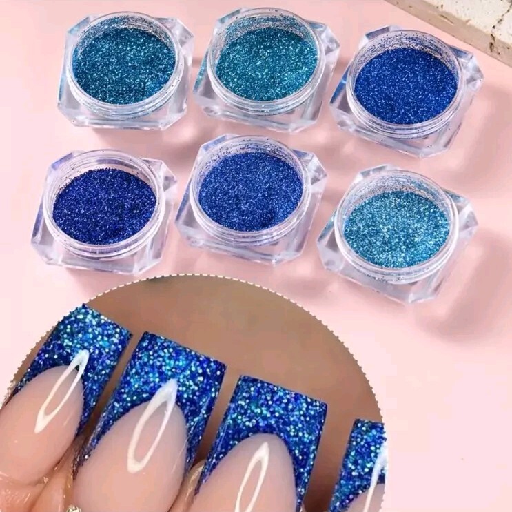 6pcs Cool Blue Ocean Glitter Nail Powder Set – Sparkling Sugar Sequins, Crystal