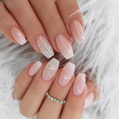 Light Pink Press on Nails Coffin Fake Nails White Pink Gradient Short Style-2