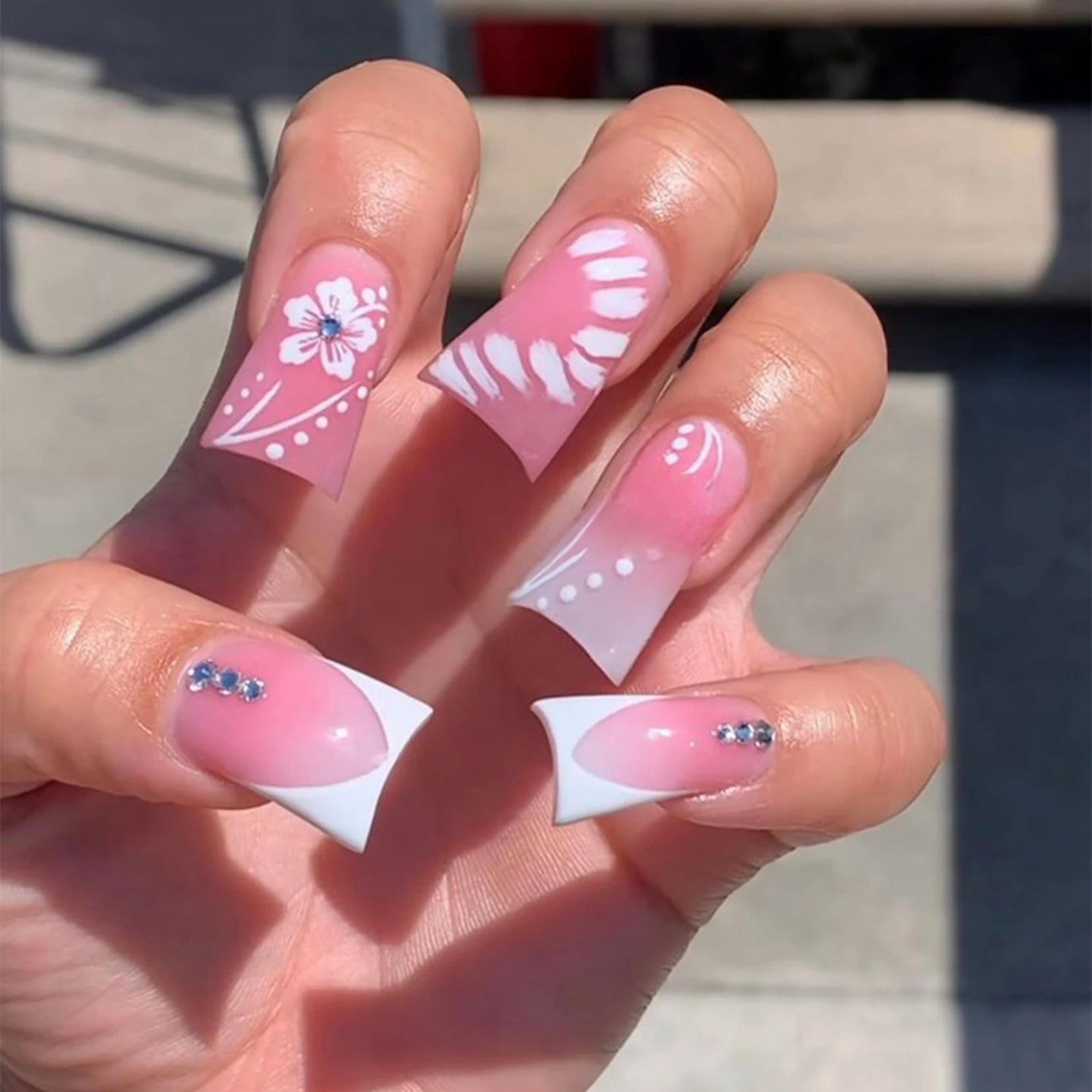 Pink Leopard Duckbill Press On Nails Sweet French Full Cover False Nails