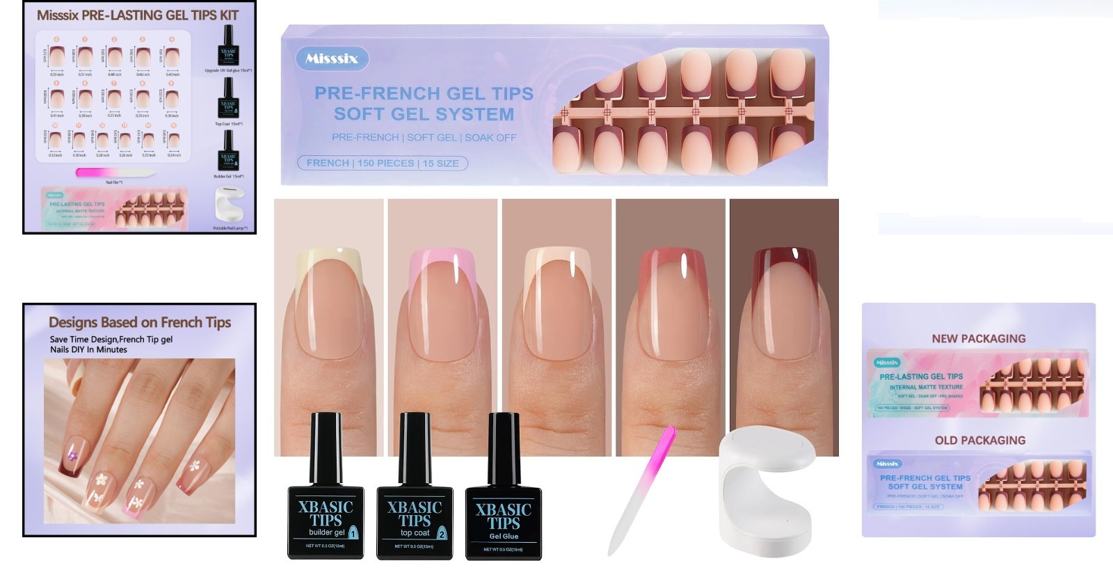 French Tip Press On Nails Kit 160pcs Short Square Gel Fake Nails DIY Manicure