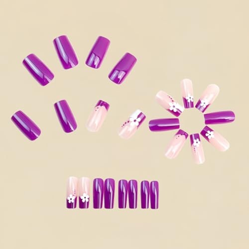 24Pcs Purple Press on Nails Medium Square French Fake Nails Press Design A12