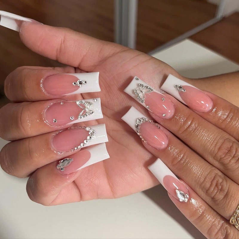 Press on Nail – Luxury Bare White, Extra Long Square Fake Nails, 48 Piece Set