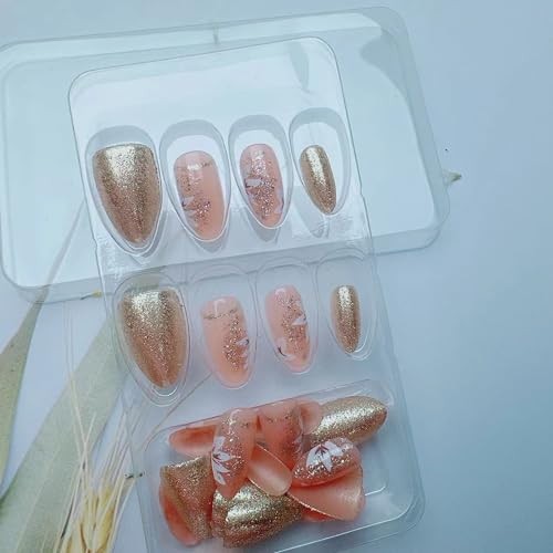 24Pcs Press on Nails Short Almond Shape Fake Nails with Flower Designs Glitter