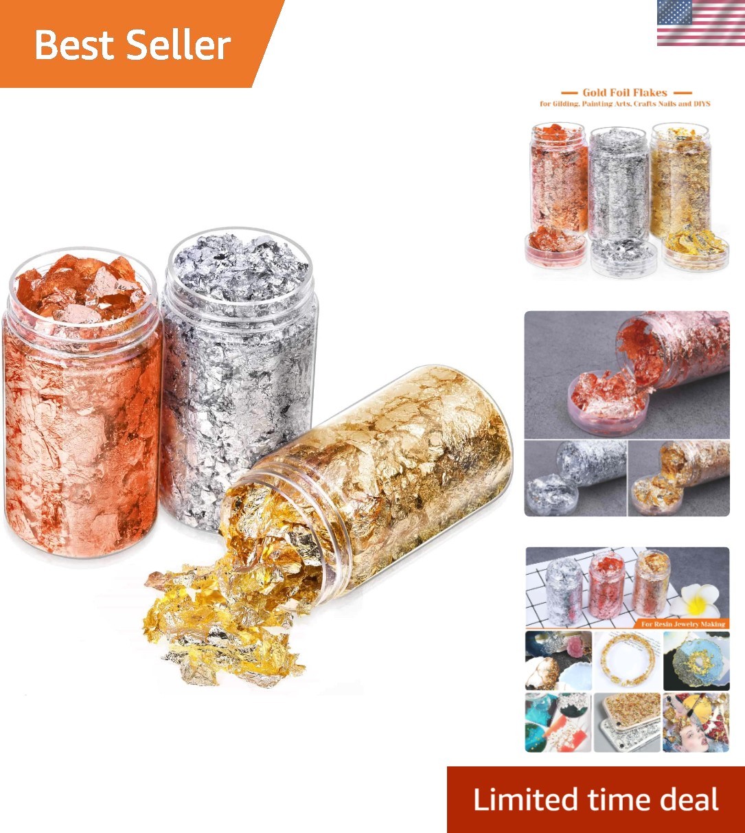 Luxury Metallic Gold Foil Flakes Kit for Crafting – Gold, Silver, Copper