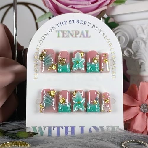 Duckbill Press on Nails – Ocean 3D Floral Teal Blushing Ombre L Dark Green