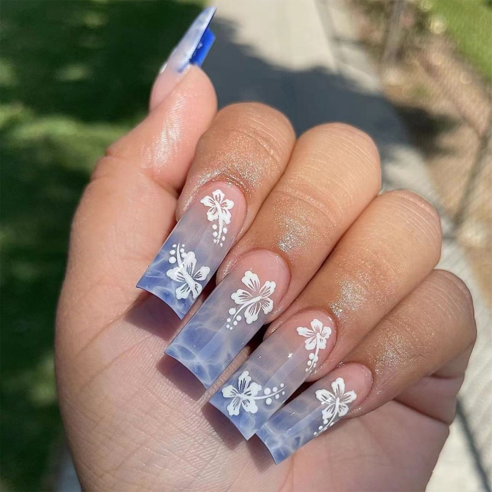 Press On Nails Blue Ombre Waves White Flower Removable Rectangle 10 Pcs