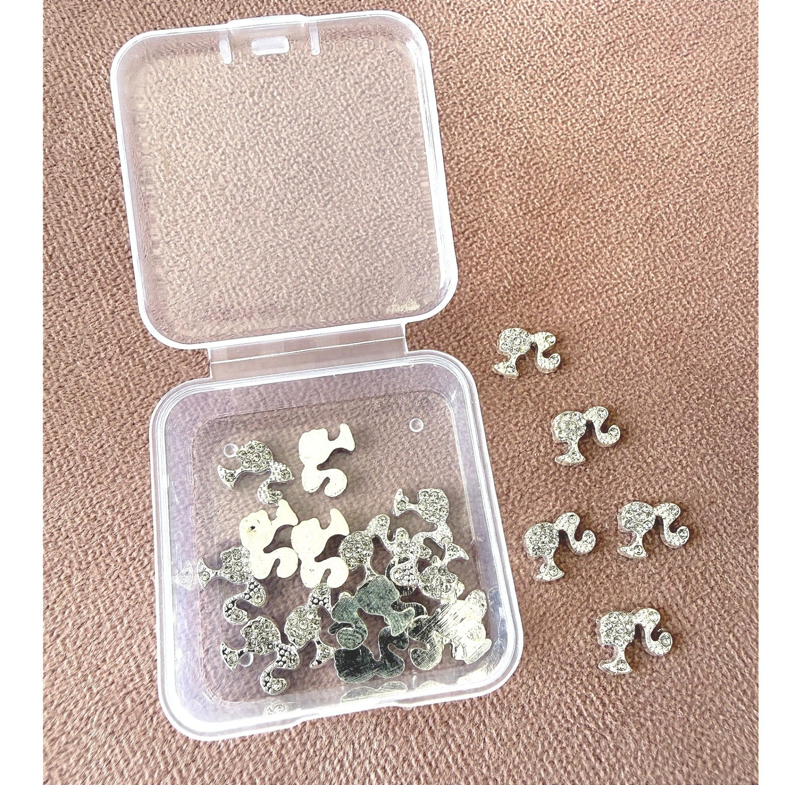 Silver Barbie Silhouette Rhinestone Nail Charms 20pc Sparkly Doll Head Nail Art