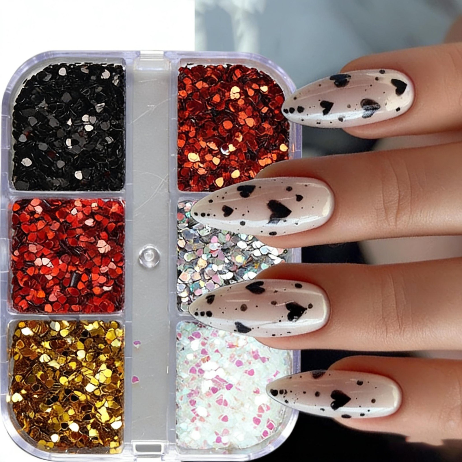 6-Grid Love Shape Sequin Kit Mini Heart Glitter for Nail Art Decoration & Crafts